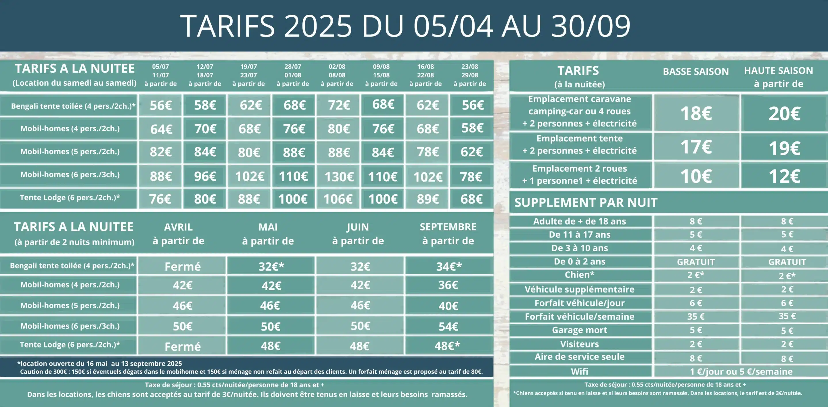 TARIFS 2025 DU 05-04 AU 30-09